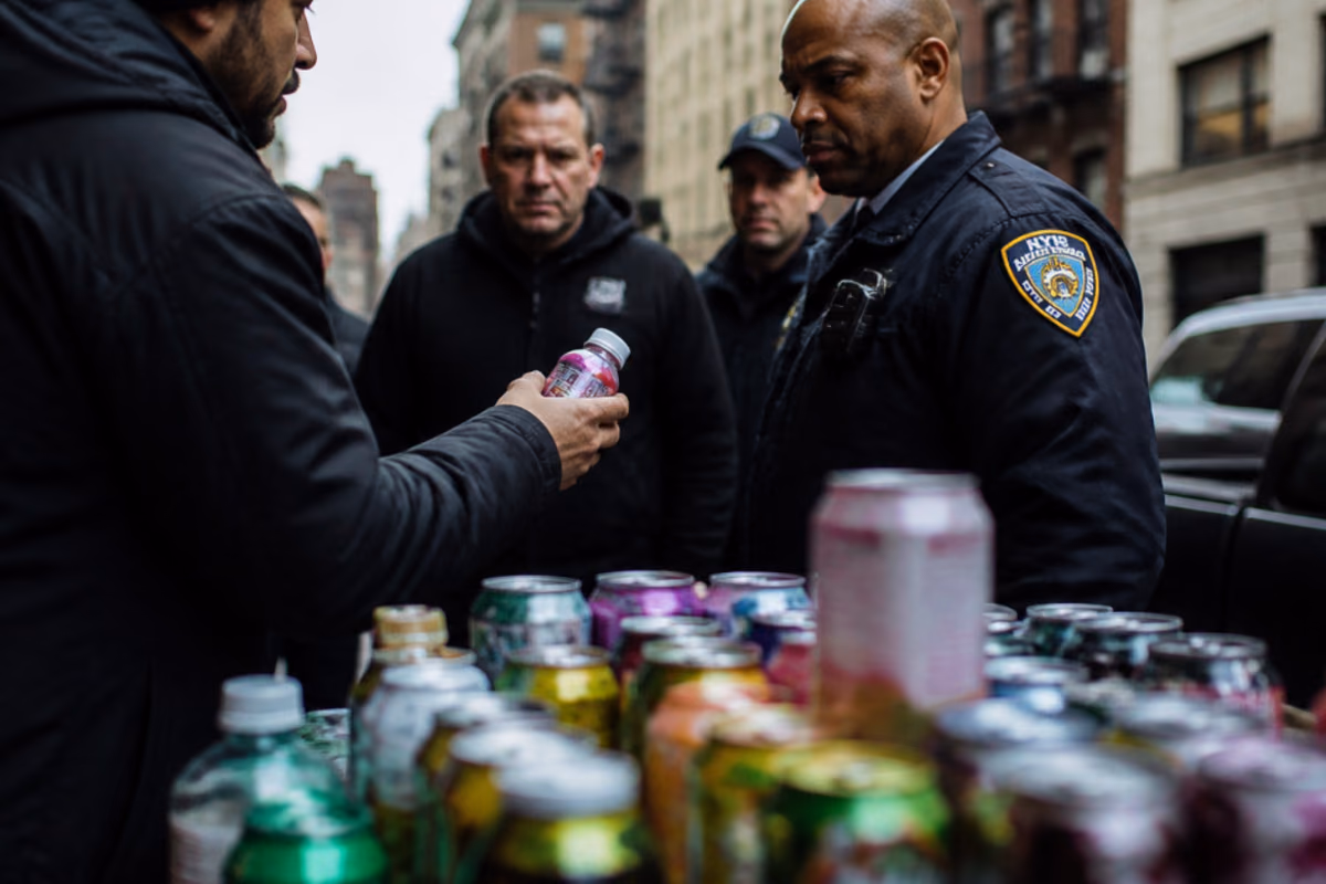 Agenti di polizia a New York osservano una bottiglia mostrata da un uomo davanti a un banco di bevande
