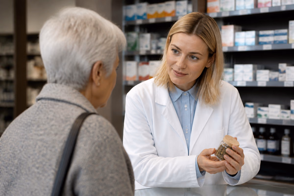 Farmacista in camice bianco mostra un barattolo di erbe essiccate a una donna anziana al bancone della farmacia