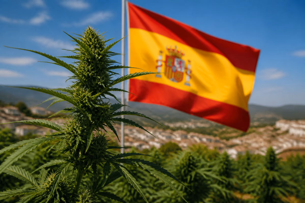 Pianta di cannabis in fioritura davanti a una bandiera spagnola sventolante e a un paese bianco sulle colline