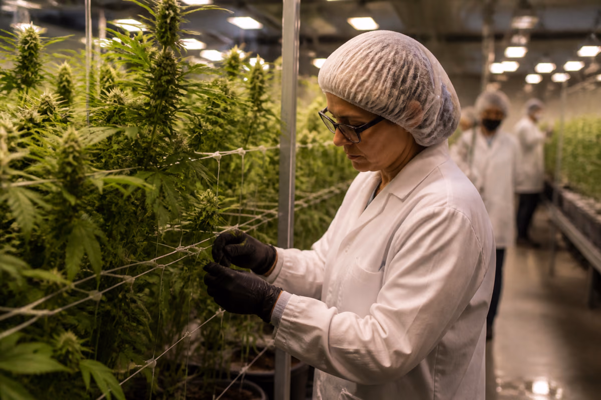 Operatrice con camice bianco e cuffia ispeziona piante di cannabis in una serra di coltivazione indoor