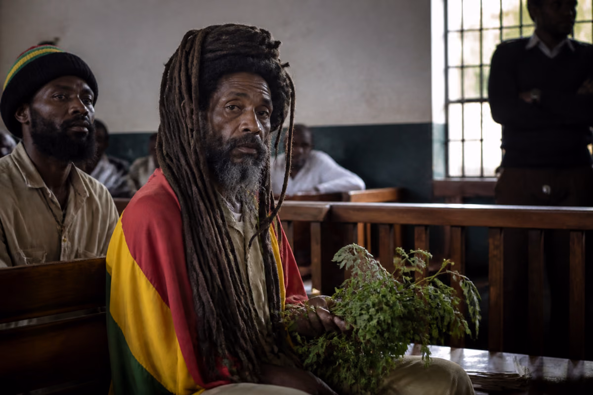 Anziano con lunghi dreadlocks, avvolto in una bandiera rossa, gialla e verde, con foglie in un’aula di tribunale