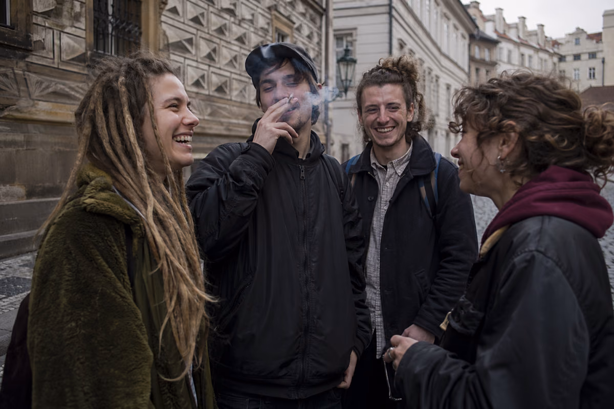 Gruppo di giovani che ridono e fumano in una strada acciottolata di Praga con architettura storica sullo sfondo