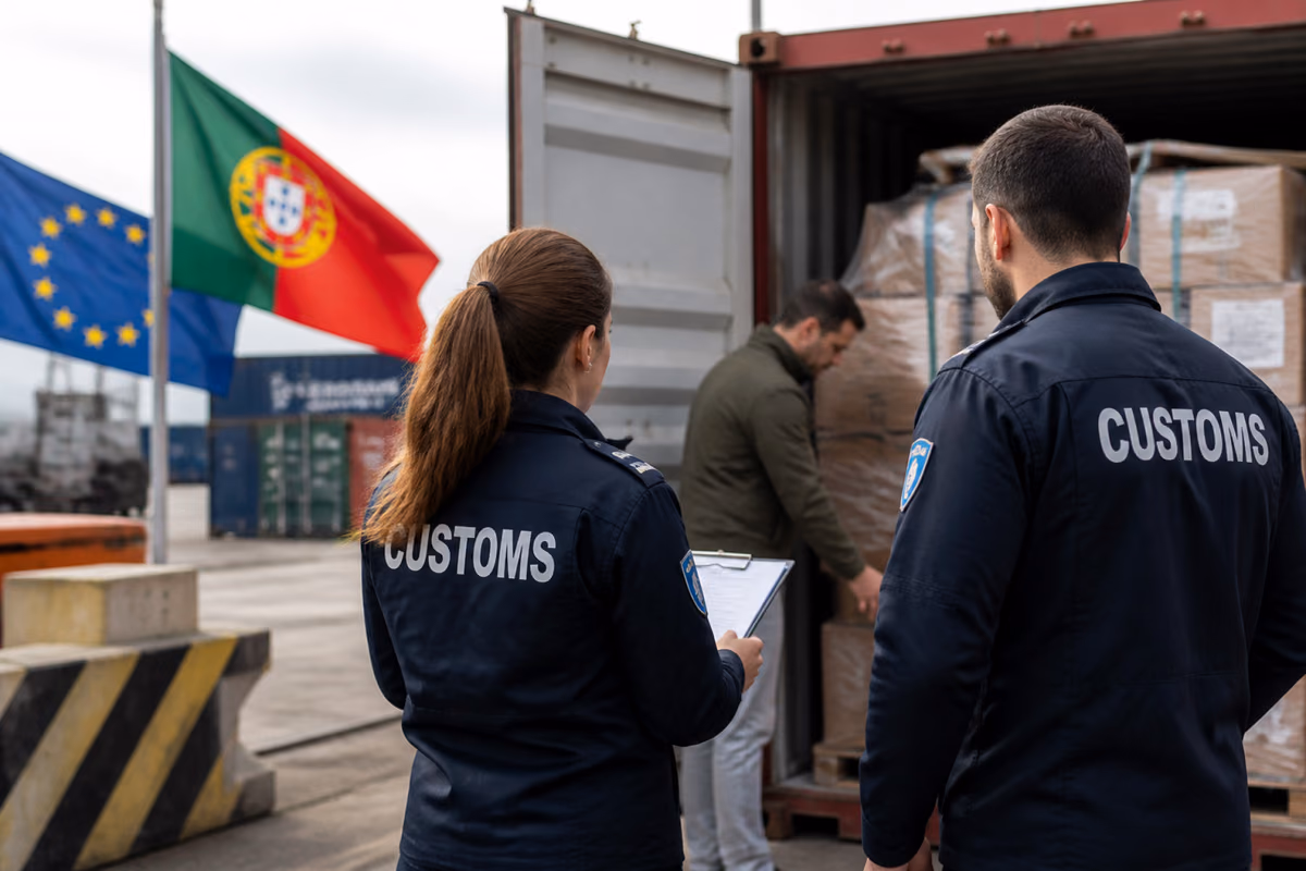 Agenti doganali osservano un uomo che controlla scatole in un container in porto, con bandiere di Portogallo e UE
